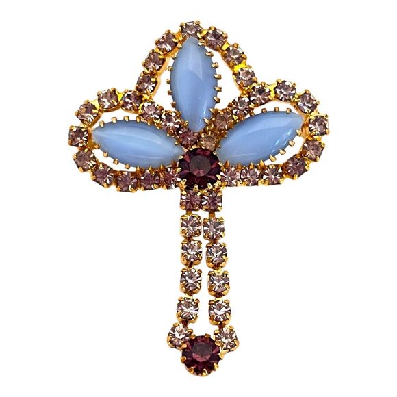 Vintage Brooch & Earring Set Rhinestones Blue Purple Demi-Parure MCM 11I - Picture 5 of 12